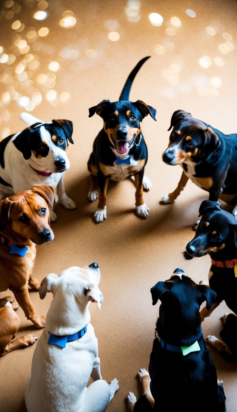 A group of dogs sitting in a circle, each with a name tag beginning with the letter "X."
