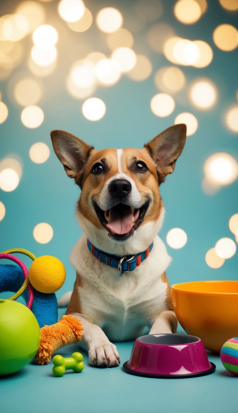 A joyful dog surrounded by an assortment of items, such as a collar, a toy, and a bowl, all beginning with the letter "X"