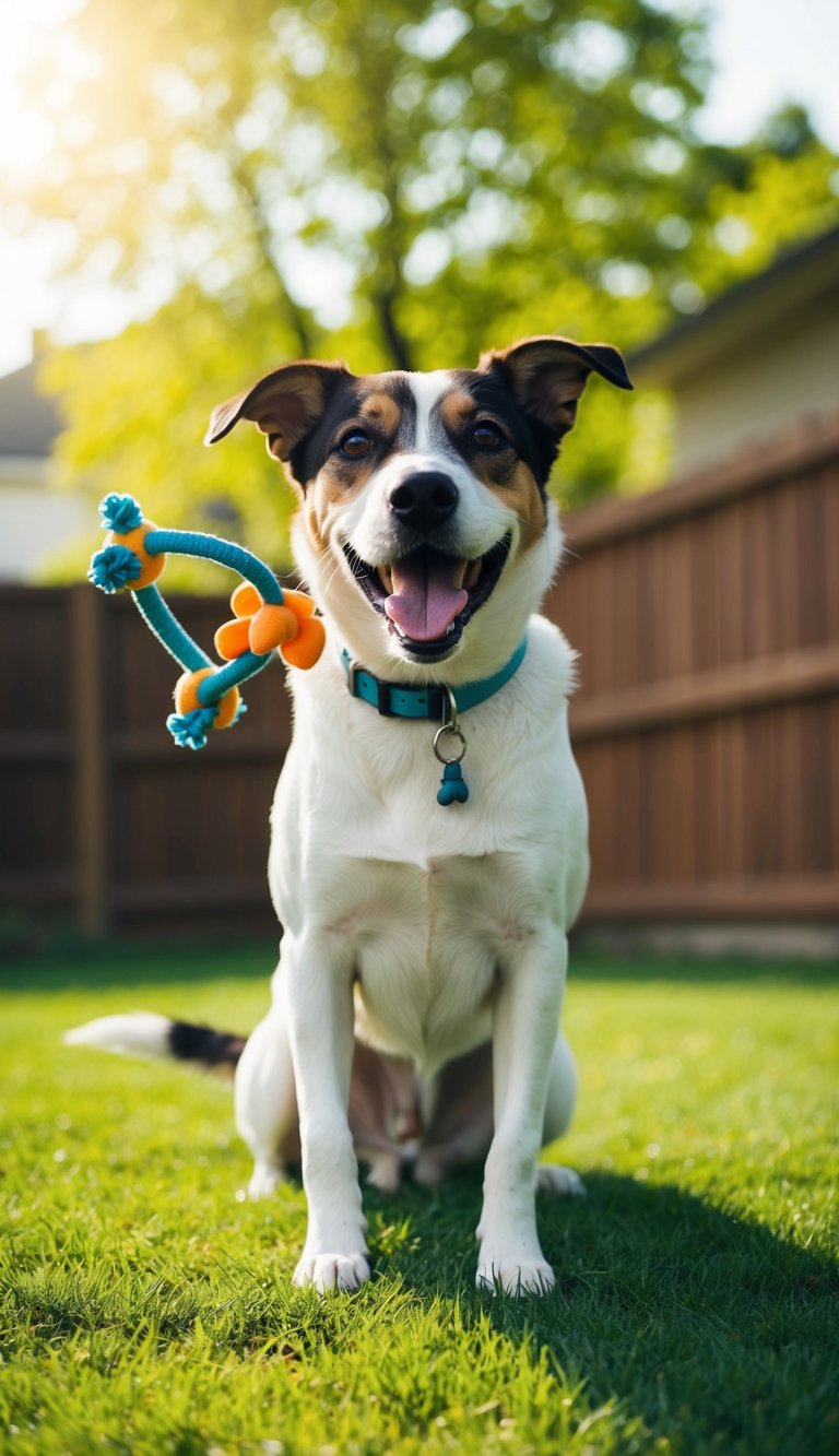 A joyful female dog named Xena plays with her favorite toy in a sunny backyard