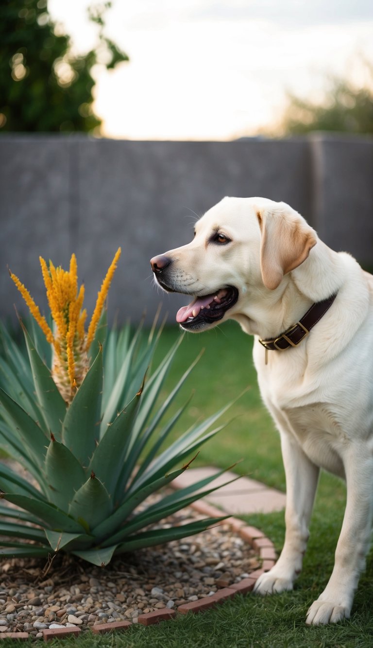 A yellow labrador barking at a yucca plant in a yard