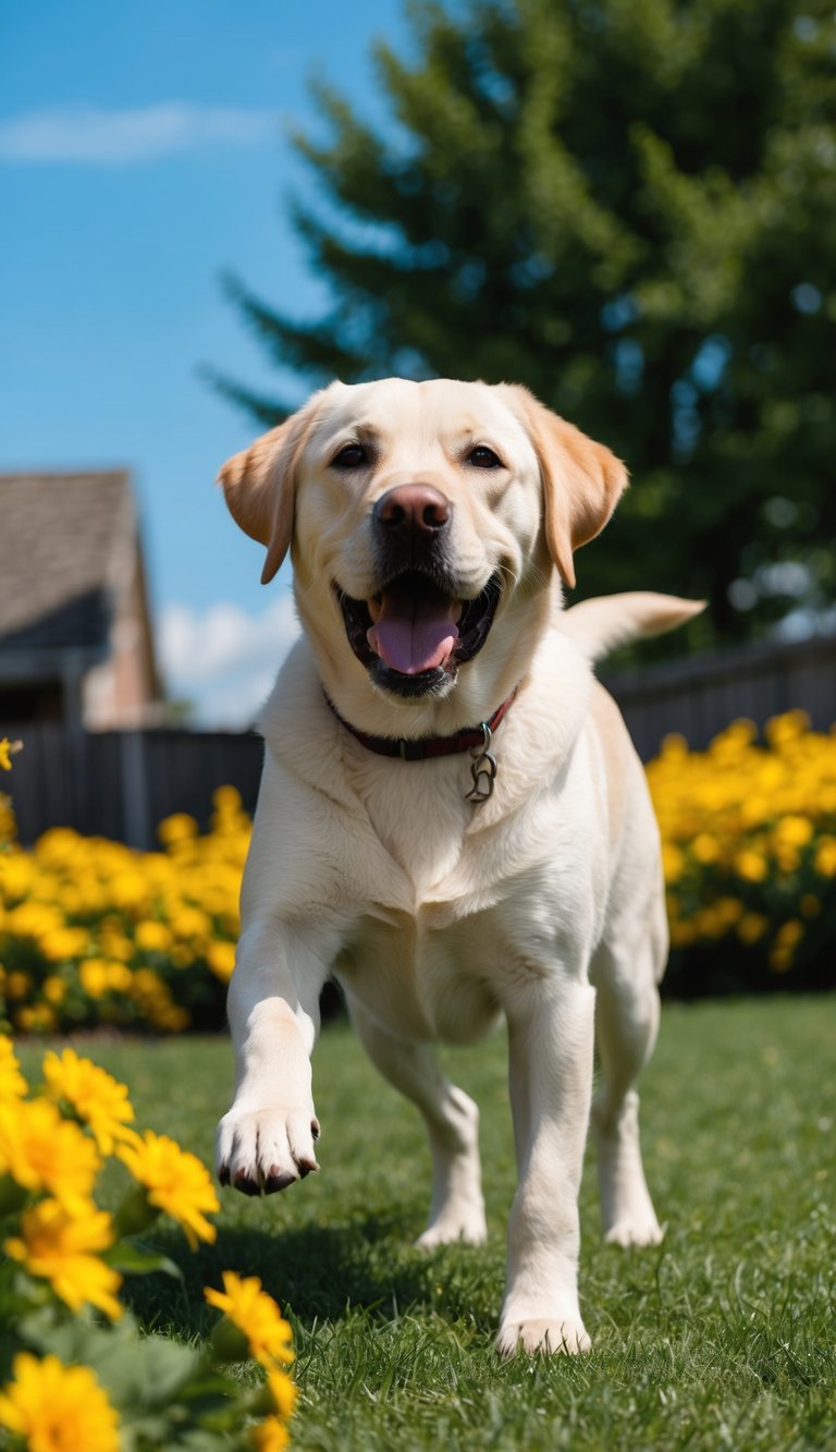 A joyful yellow labrador playing in a yard, surrounded by vibrant yellow flowers and a bright blue sky