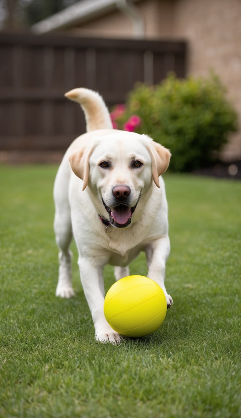 A yellow labrador named Yoshi playing in a yard with a yellow ball