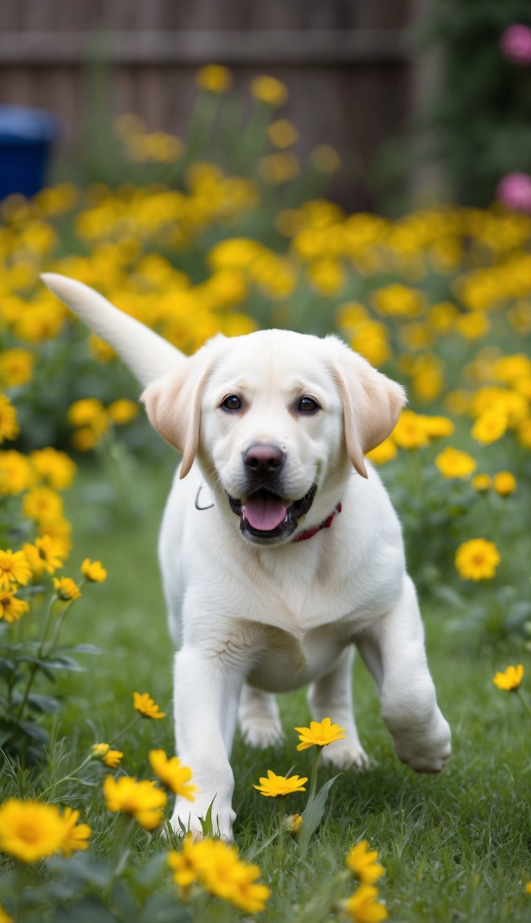 A yellow labrador puppy named Yara plays in a yard filled with yellow flowers