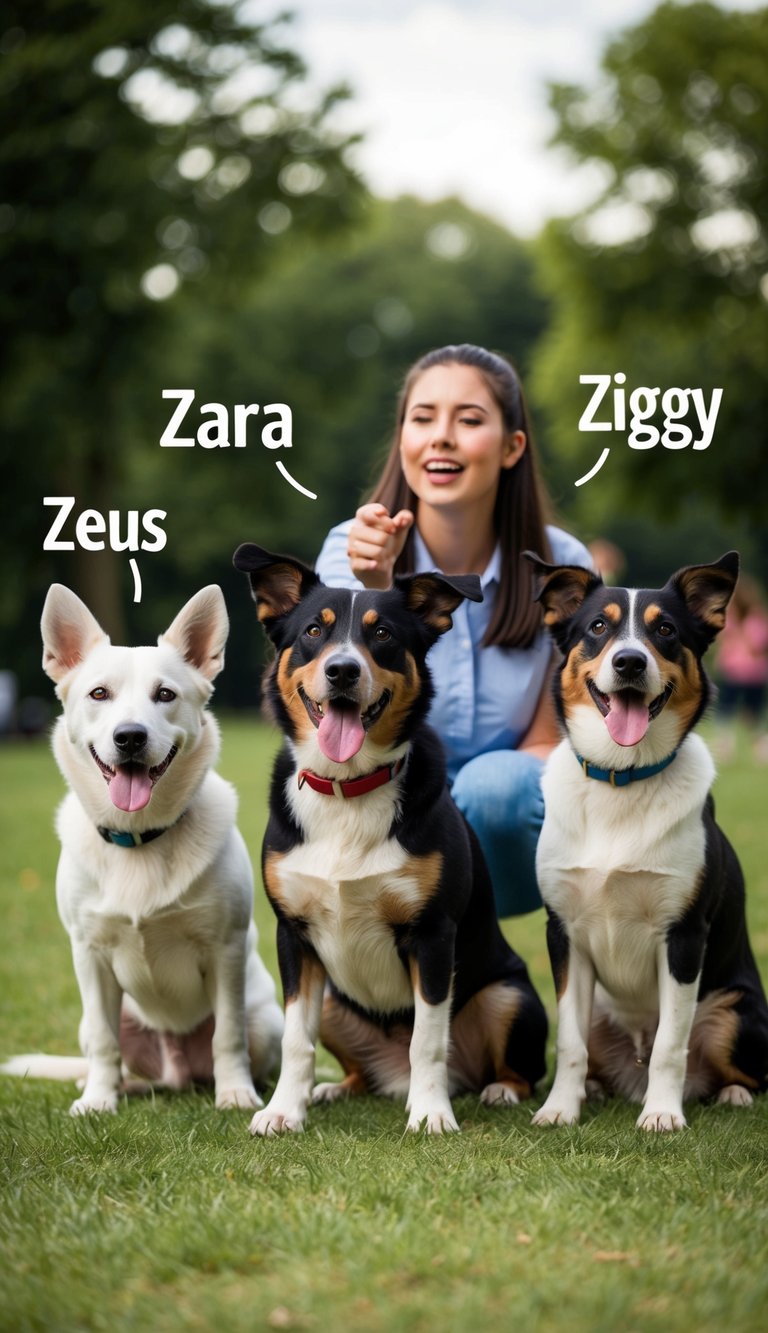 Several zippy dogs eagerly respond to their names, including Zeus, Zara, and Ziggy, as their owner calls out for them in the park