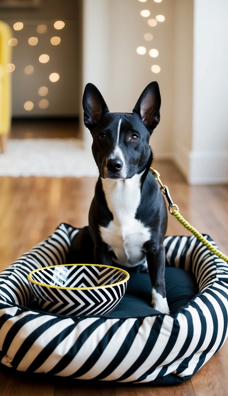 A zippy zebra-striped dog bed with a zigzag patterned bowl and a zesty yellow leash