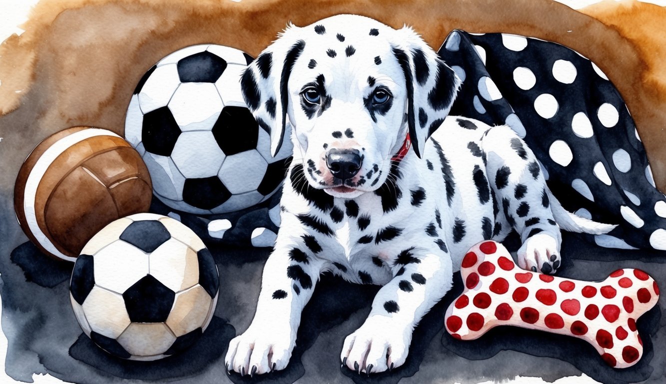 A Dalmatian puppy surrounded by a collection of black and white spotted objects, such as a soccer ball, a polka dot blanket, and a spotted toy bone
