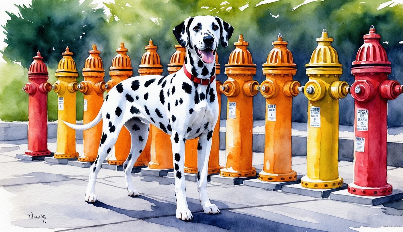 A Dalmatian stands proudly in front of a row of fire hydrants, tail wagging and ears alert