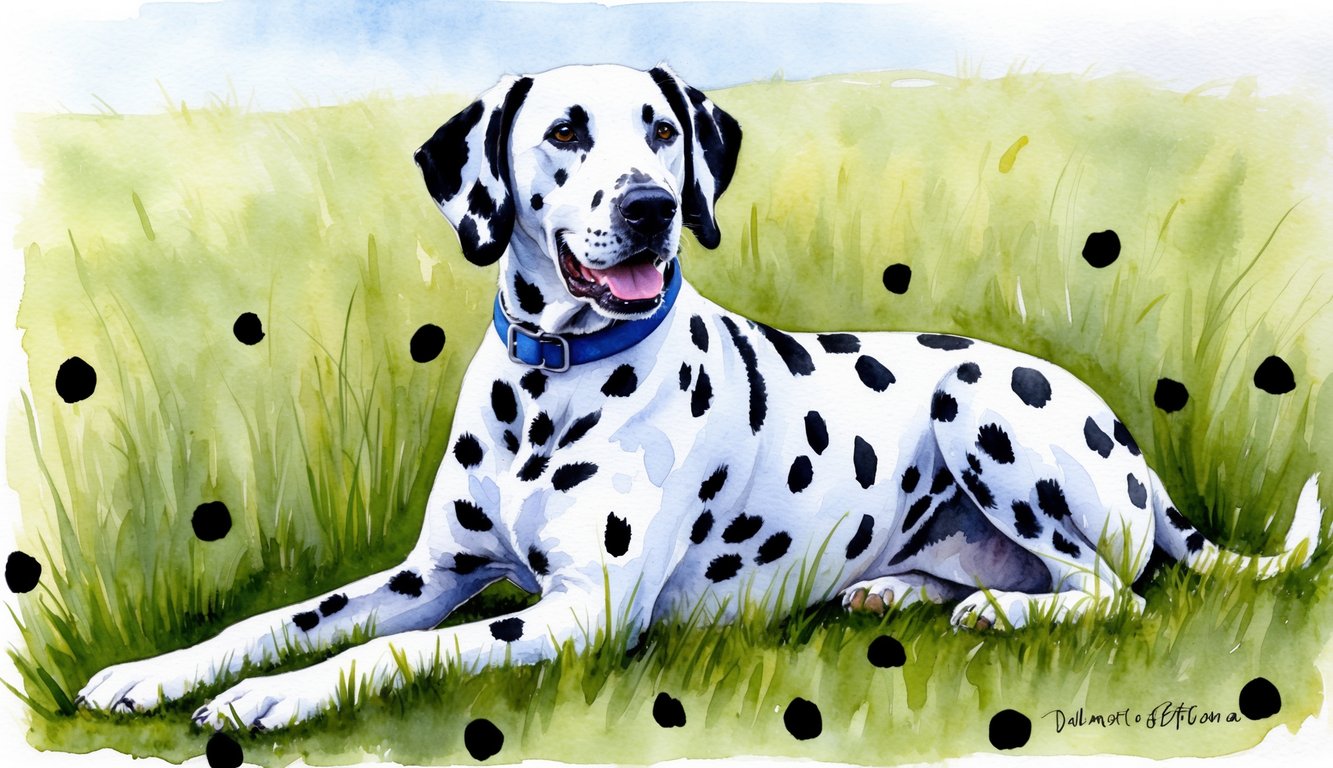 A Dalmatian dog proudly sits in a grassy field, surrounded by black spots. He looks alert and noble, with a strong and muscular build