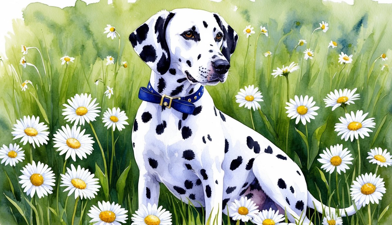 A Dalmatian dog sits in a field of daisies, with a collar adorned with a bow