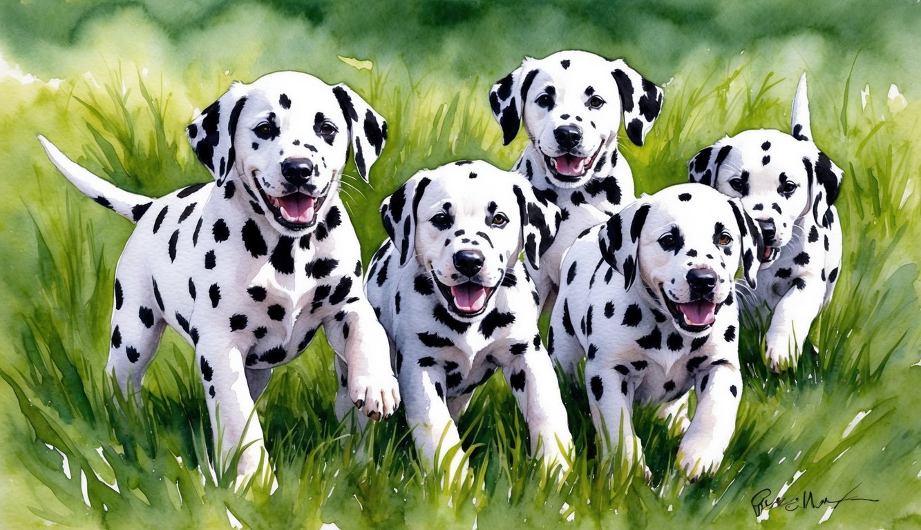 A group of Dalmatian puppies playfully frolic in a grassy field, their spotted coats creating a striking contrast against the green backdrop