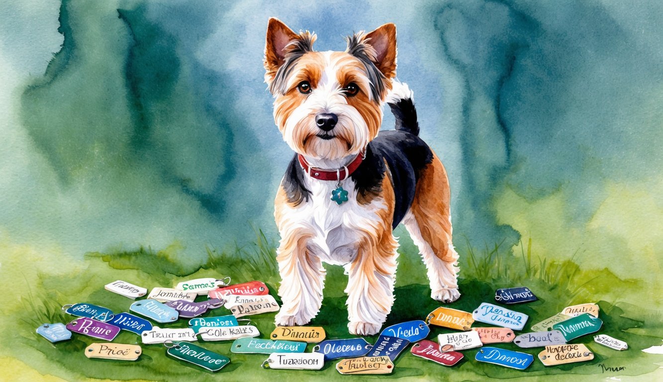 A Dandie Dinmont Terrier stands proudly with a collection of name tags scattered around it, each tag bearing a unique and fitting name for the beloved breed