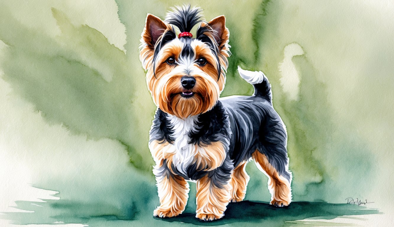 A Dandie Dinmont Terrier stands proudly with a regal expression, its wiry coat and distinctive topknot adding to its unique charm