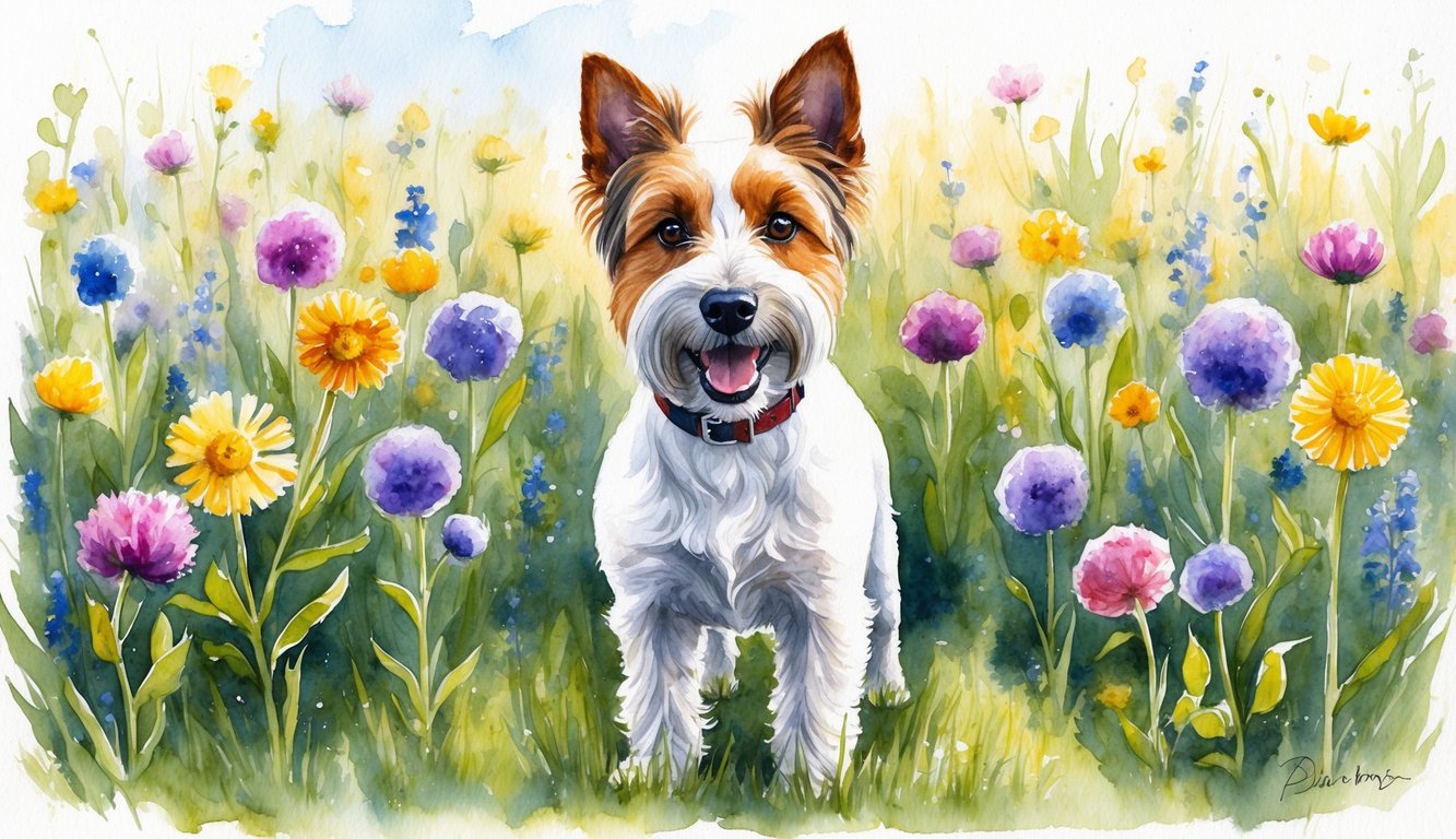 A Dandie Dinmont Terrier stands proudly with a playful expression, surrounded by a field of colorful wildflowers