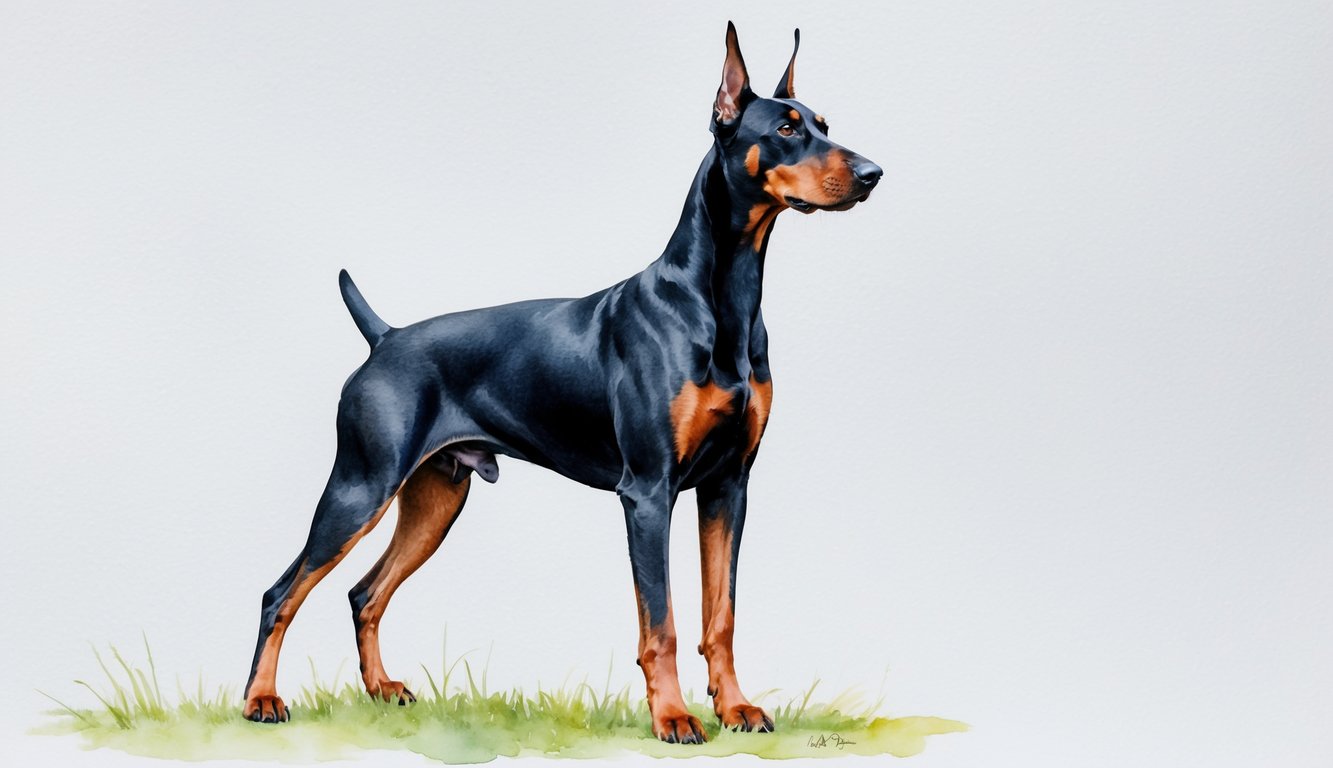 A Doberman pinscher standing proudly with a regal stance, alert and focused, with a sleek and muscular physique