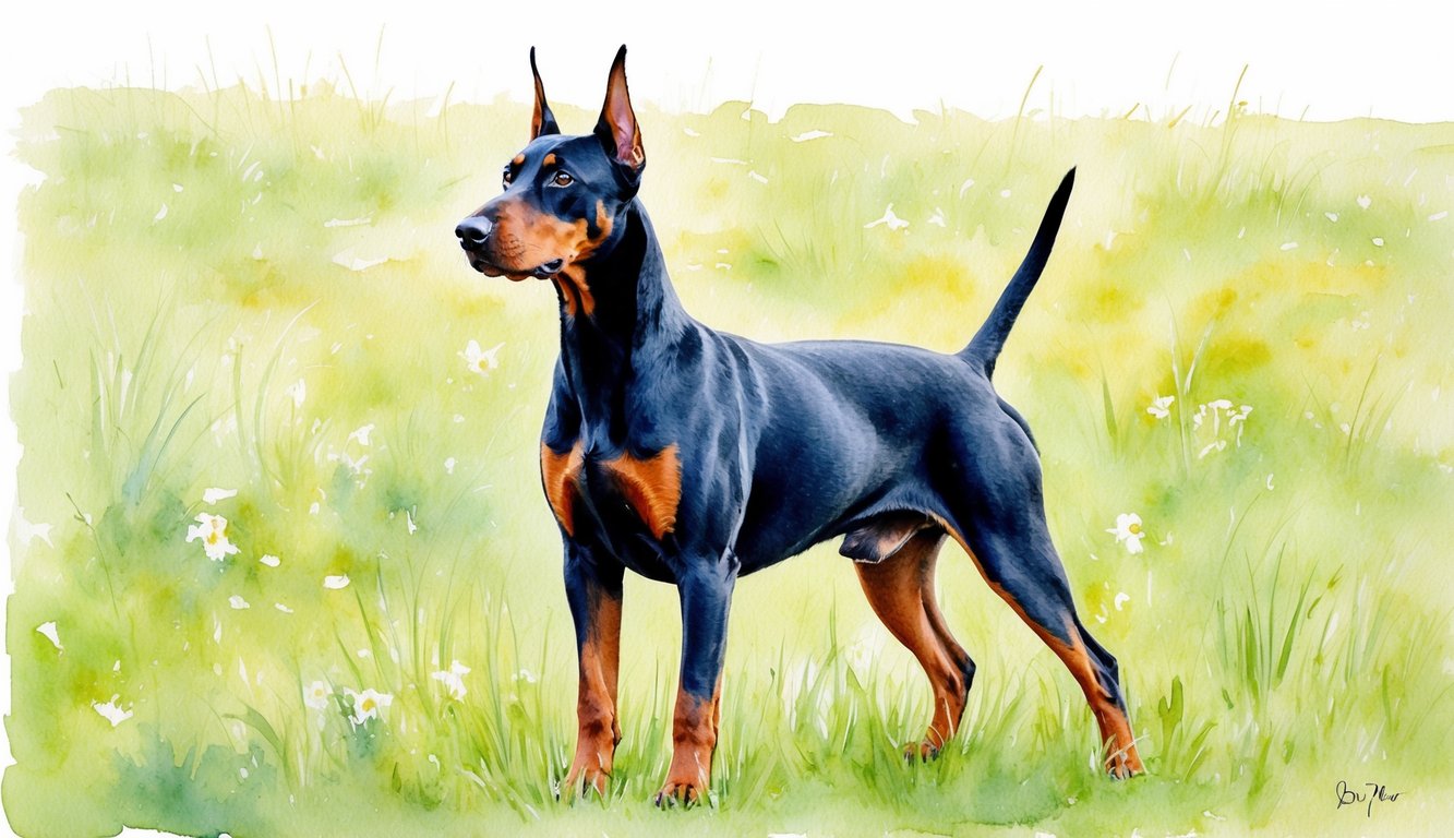 A proud Doberman Pinscher stands in a grassy field, head held high, with a strong and alert posture