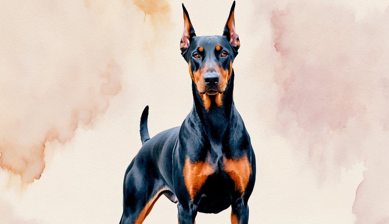 A regal female Doberman Pinscher stands proudly, ears alert, with a strong and confident posture