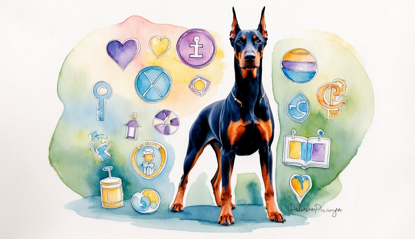 A Doberman Pinscher standing proudly with a variety of gender-neutral objects and symbols surrounding it