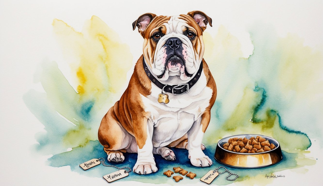 An English bulldog sits proudly with a collar, surrounded by name tags and a bowl of treats