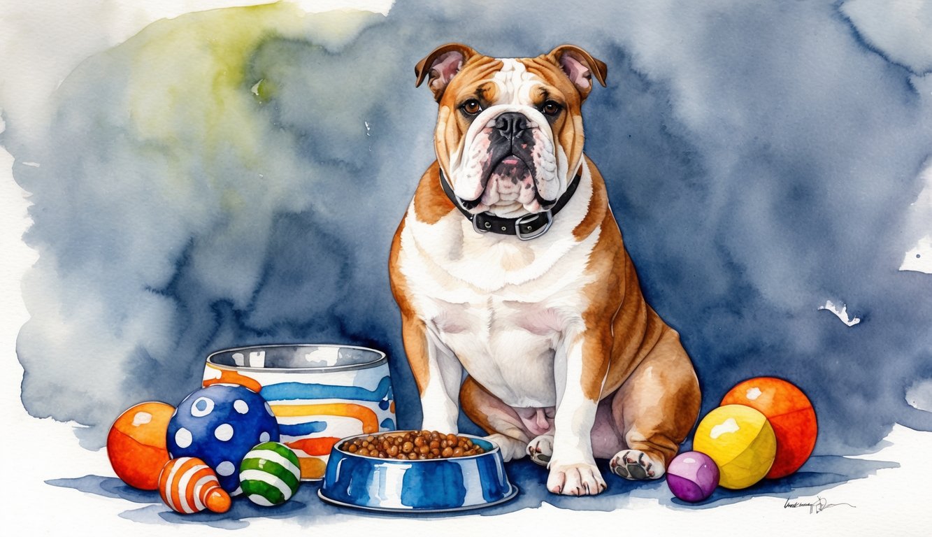 A male English Bulldog sitting proudly with a collar, surrounded by a collection of toys and a food bowl