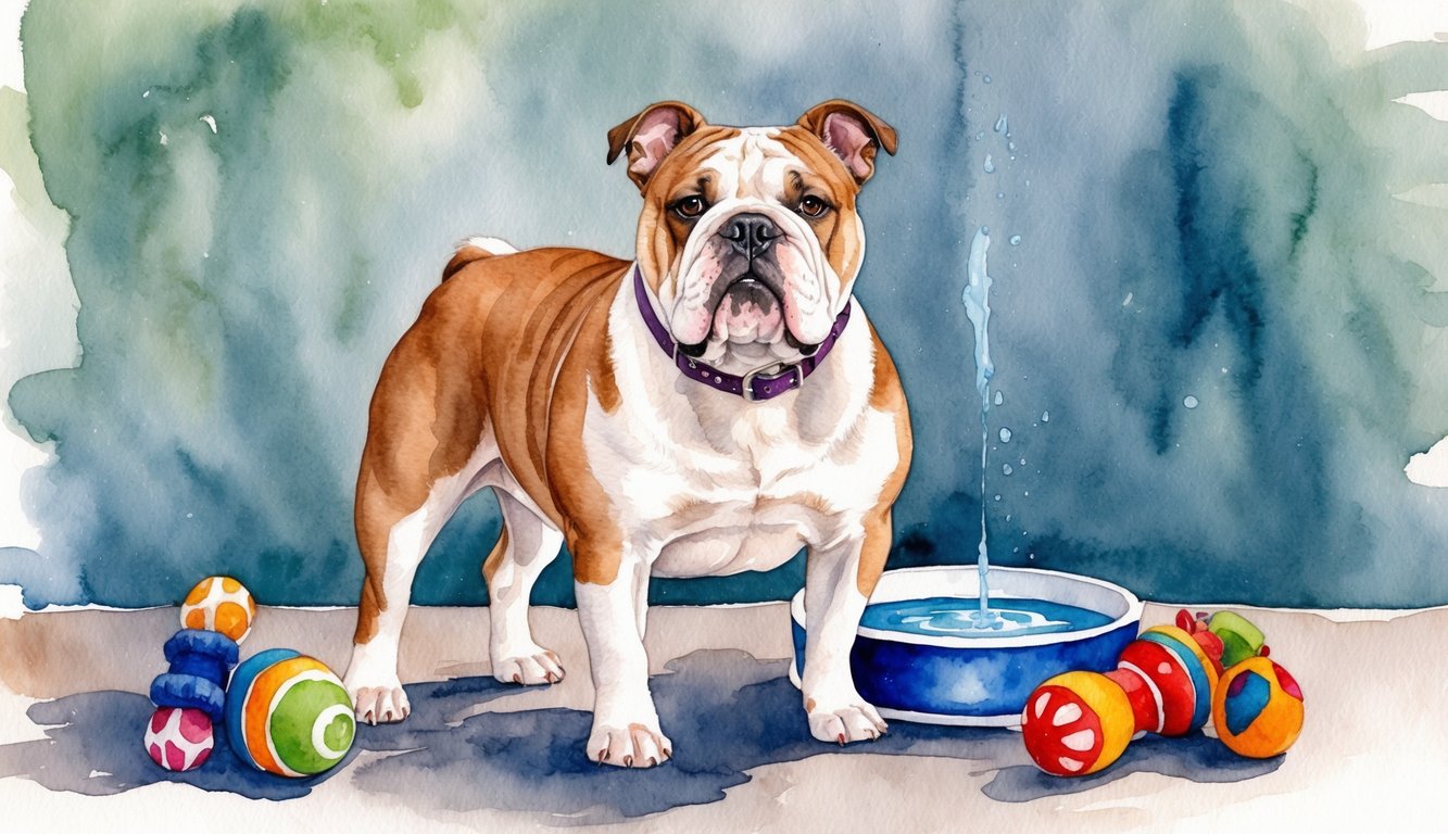 A female English Bulldog standing proudly with a collar, surrounded by dog toys and a bowl of water