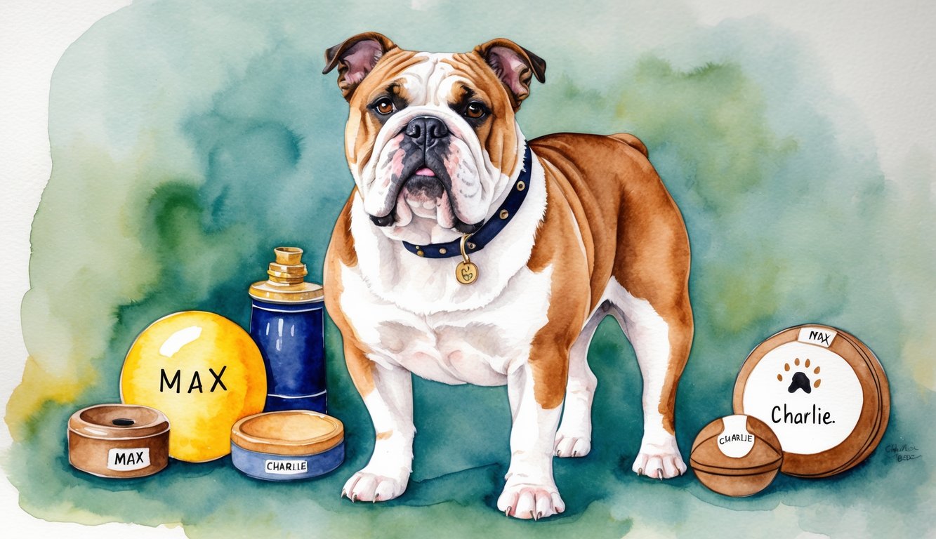 An English Bulldog standing proudly with a collar, surrounded by various objects with unisex names like "Max" and "Charlie."