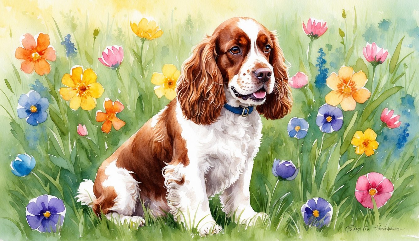 An English Cocker Spaniel sitting in a grassy field, surrounded by colorful flowers, with a playful expression on its face