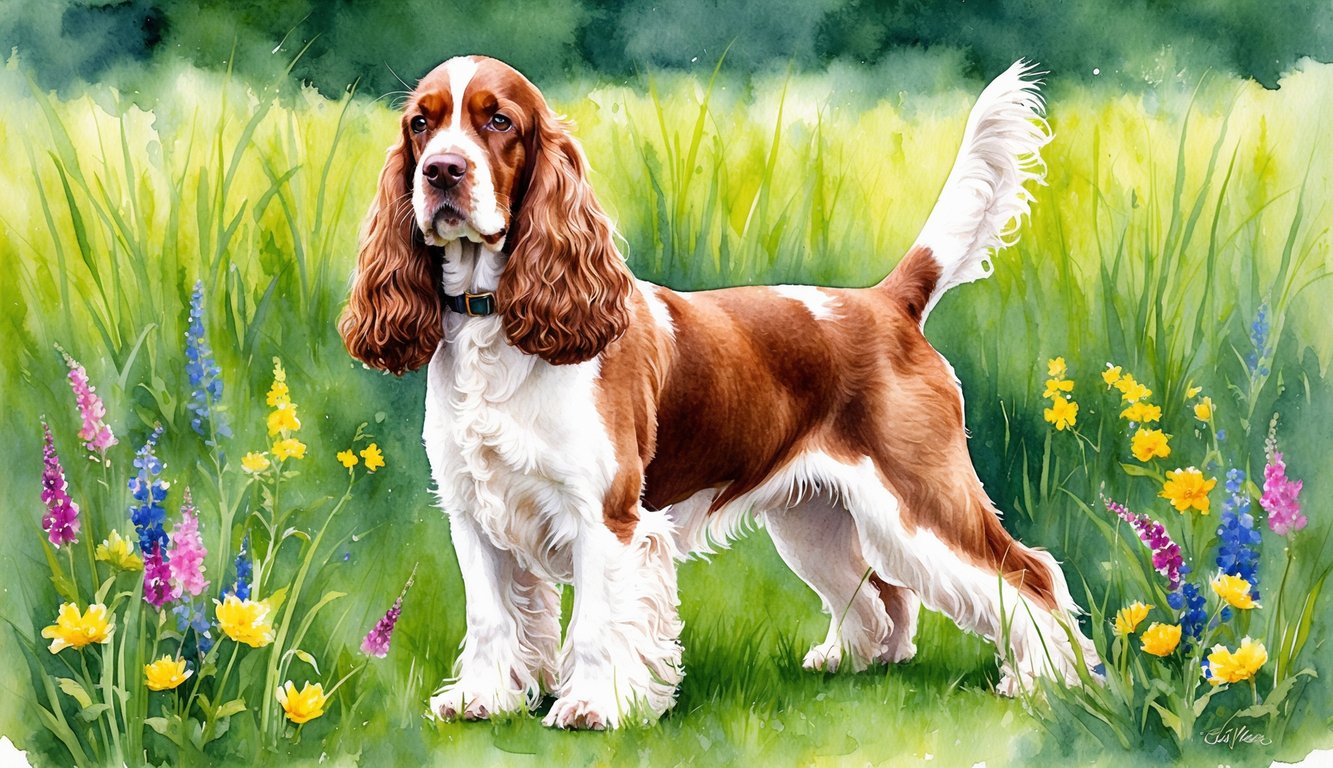A male English Cocker Spaniel stands proudly with a wagging tail, surrounded by a lush green field and colorful wildflowers