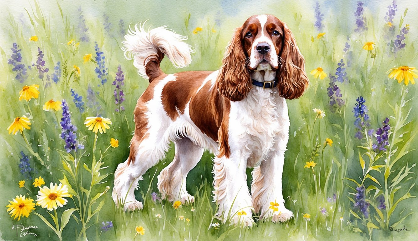 A female English Cocker Spaniel standing in a field of wildflowers, with a gentle breeze ruffling her fur
