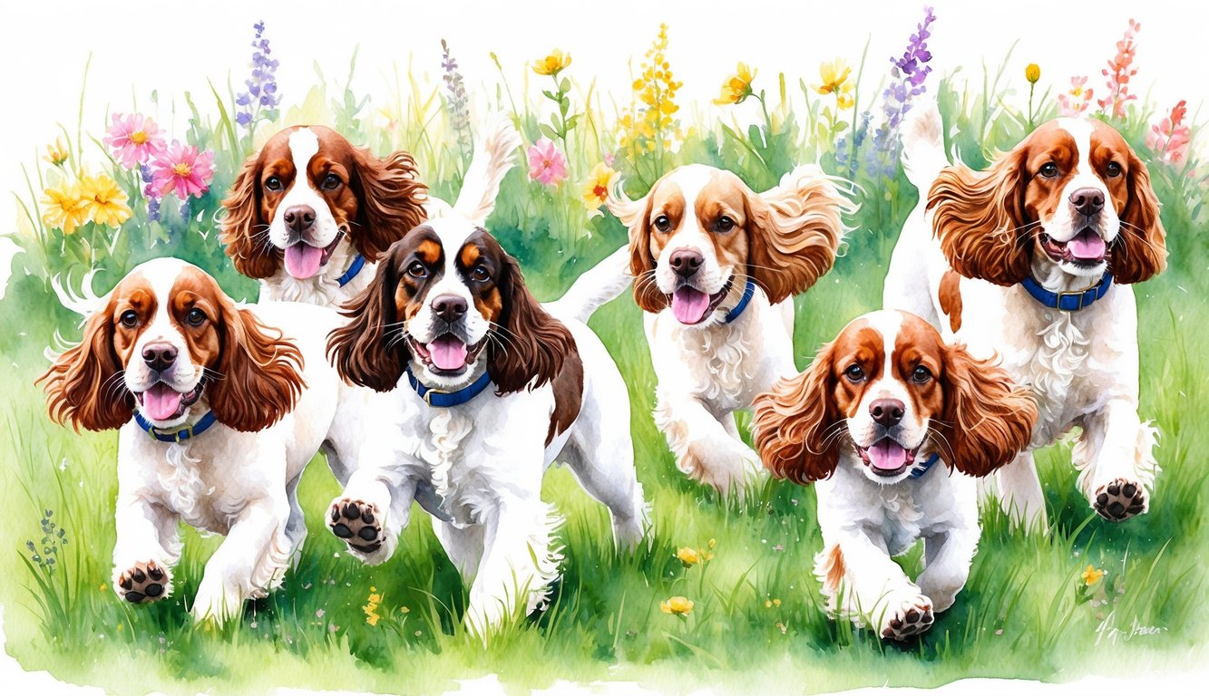 A group of English Cocker Spaniels playing in a green meadow, with colorful flowers in the background