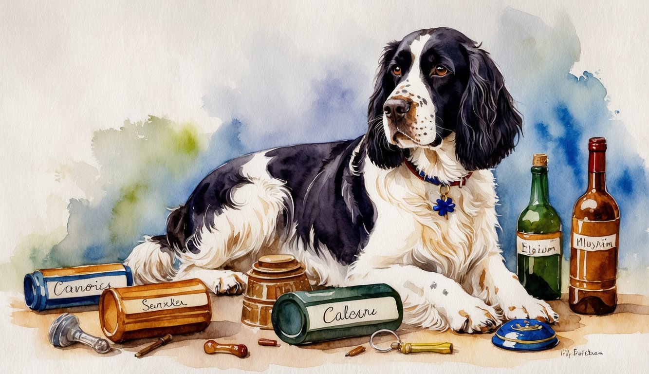 An English Springer Spaniel surrounded by various objects with names written on them