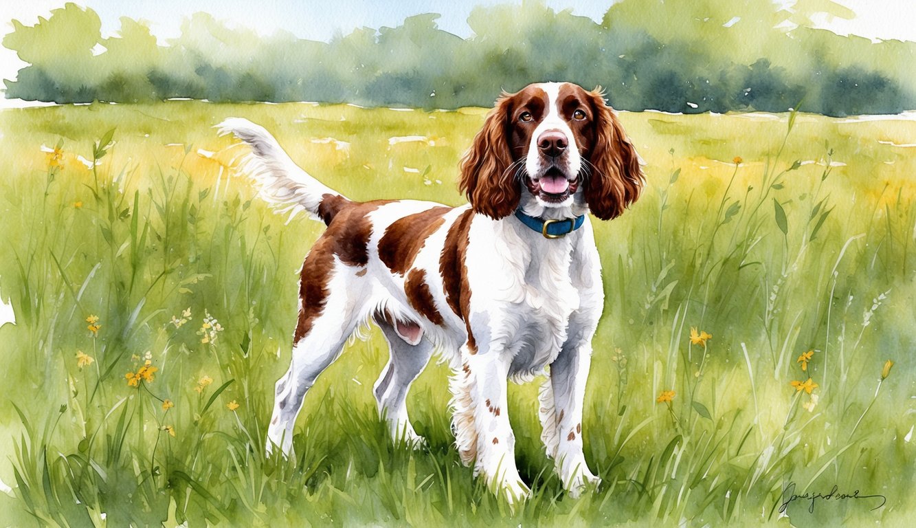 A lively English Springer Spaniel stands proudly in a grassy field, ears alert and tail wagging