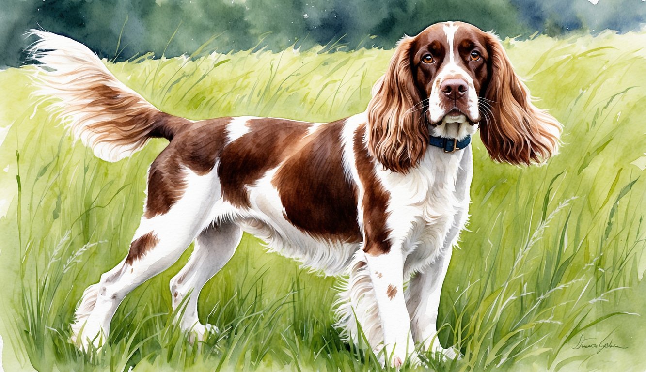 A female English Springer Spaniel stands proudly in a grassy field, with her long, wavy fur blowing gently in the breeze. Her alert and intelligent eyes exude a sense of grace and elegance
