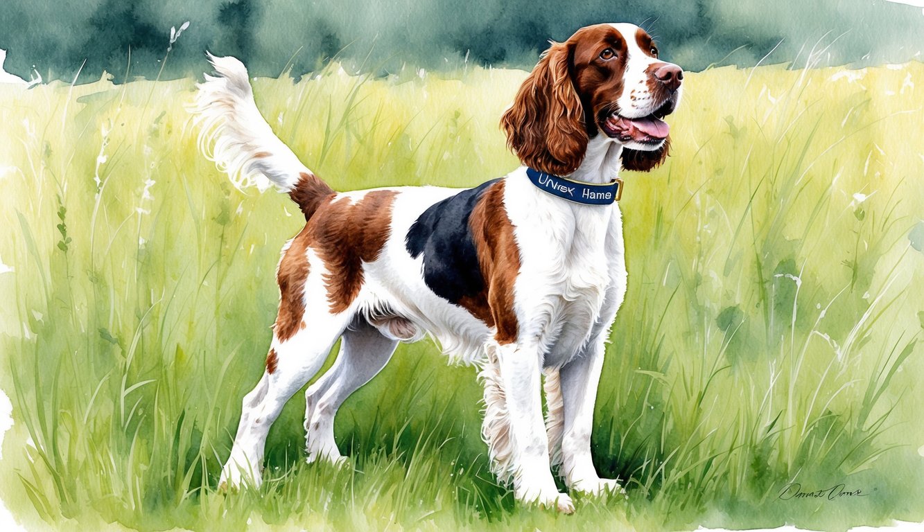 An English Springer Spaniel stands in a grassy field, tail wagging, with a collar displaying unisex names