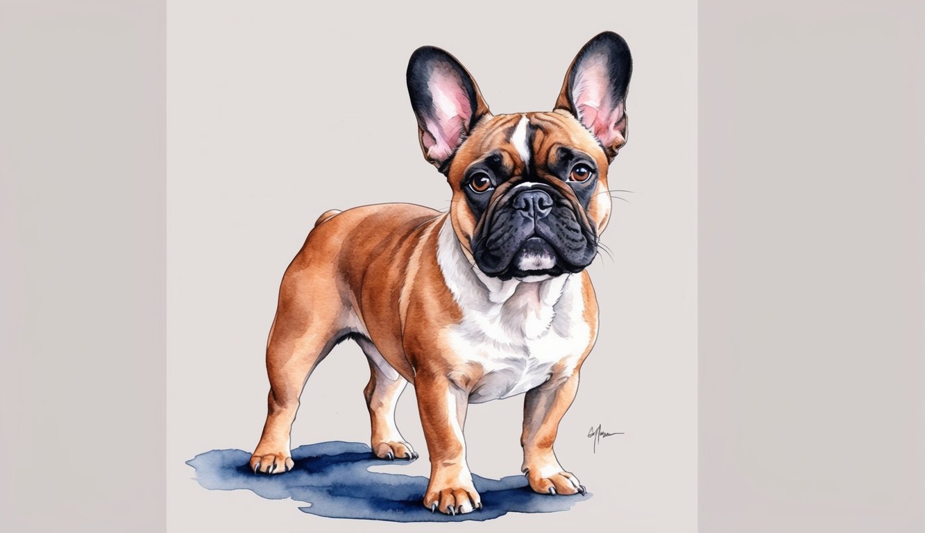 A French Bulldog stands proudly, ears perked, with a regal expression