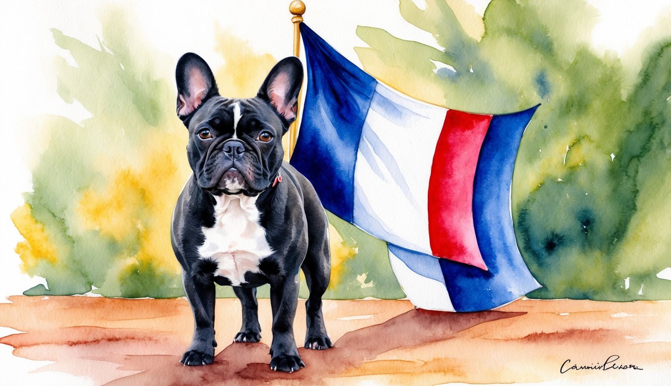 A female French Bulldog standing proudly with a French flag draped in the background