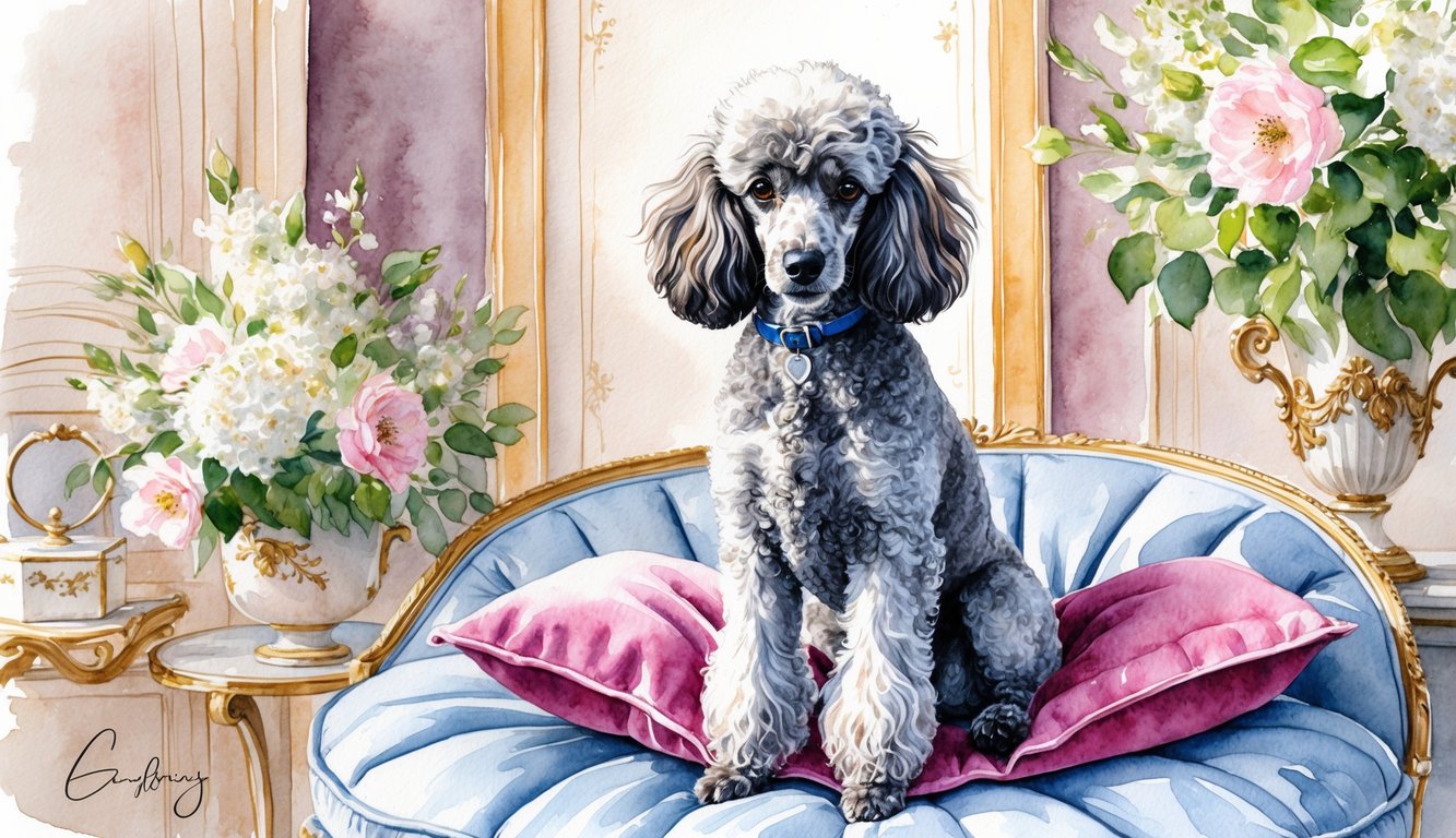 A French poodle sits on a plush cushion, surrounded by elegant French decor