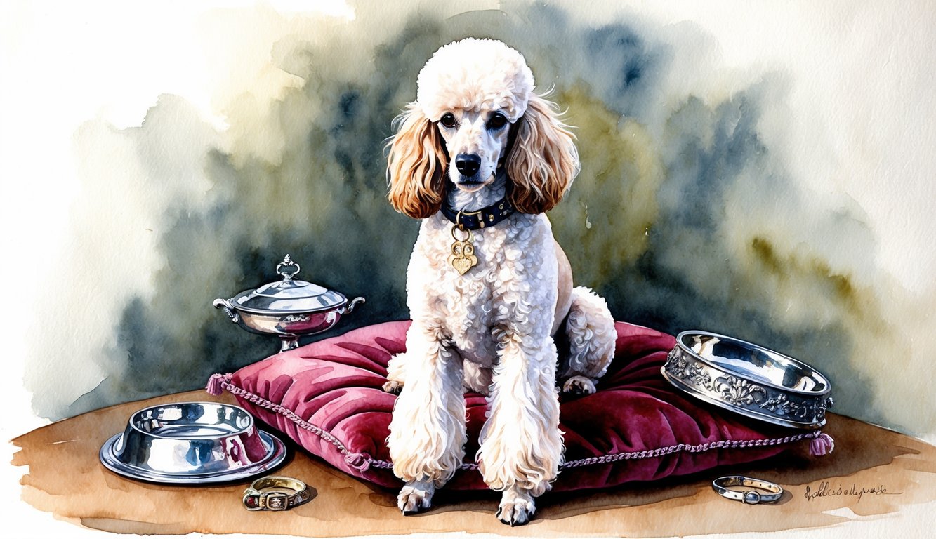 A regal French poodle sits on a velvet cushion, surrounded by ornate dog collars and a silver food dish