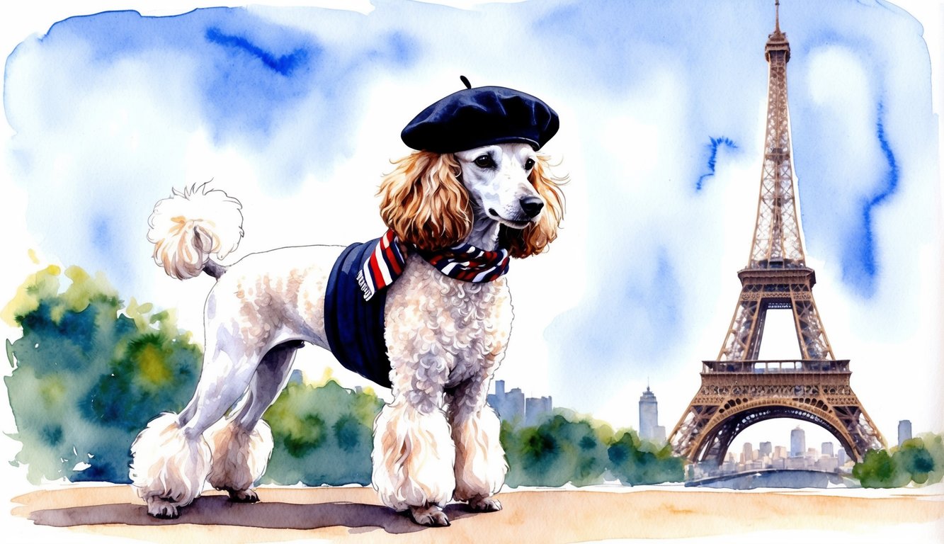 A regal French Poodle stands in front of the Eiffel Tower, with a beret perched on its head and a stylish scarf around its neck