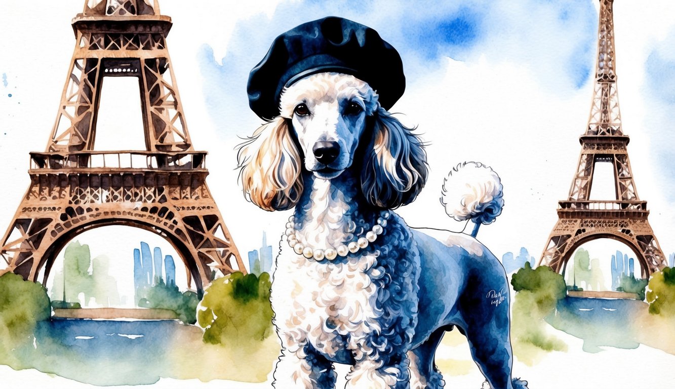 A regal French Poodle stands in front of the Eiffel Tower, adorned with a stylish beret and a string of pearls around her neck