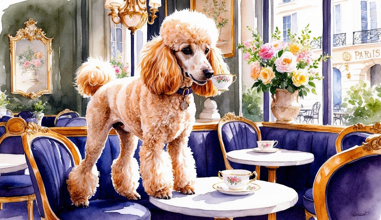A fluffy French Poodle stands in a Parisian cafe, surrounded by elegant French decor and sipping from a dainty teacup