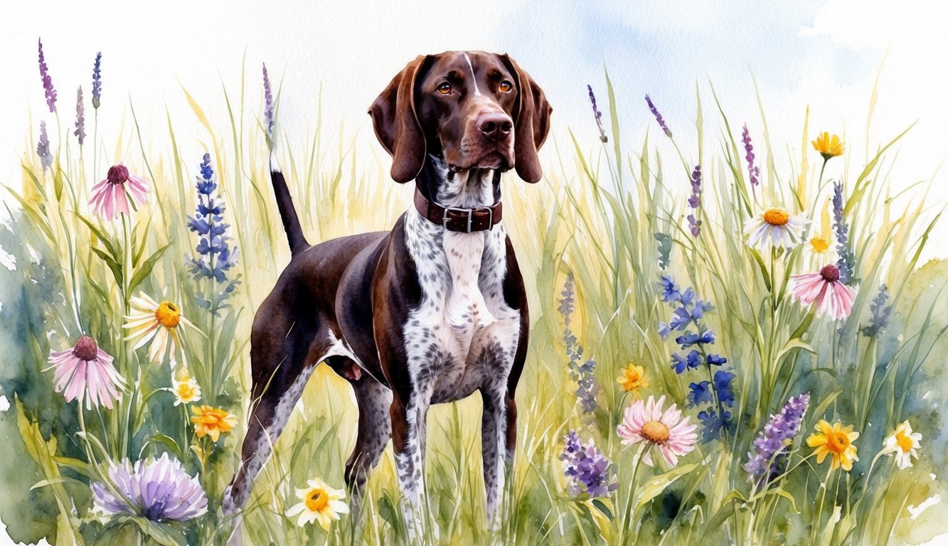A female German Shorthaired Pointer standing proudly with a collar around her neck, surrounded by a field of tall grass and wildflowers