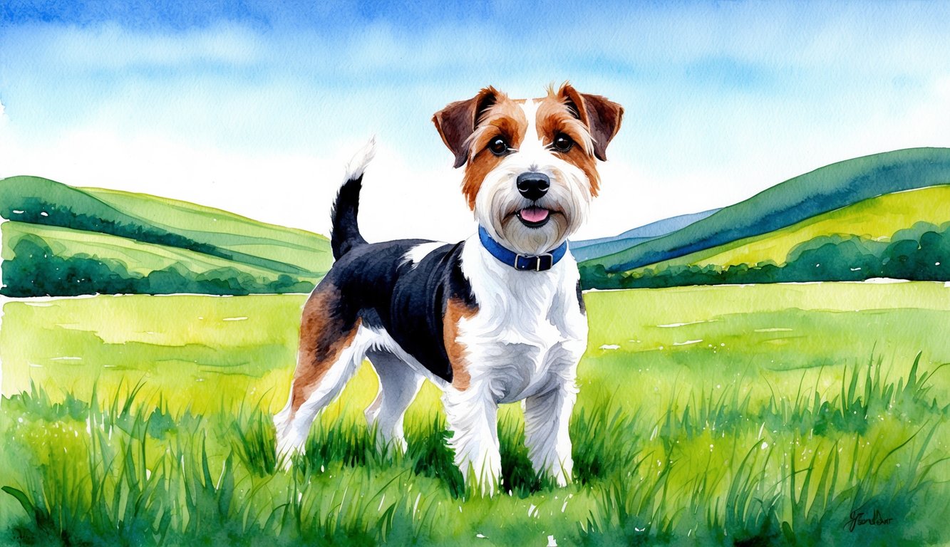 A Glen Imaal Terrier stands proudly in a lush green field, surrounded by rolling hills and a clear blue sky