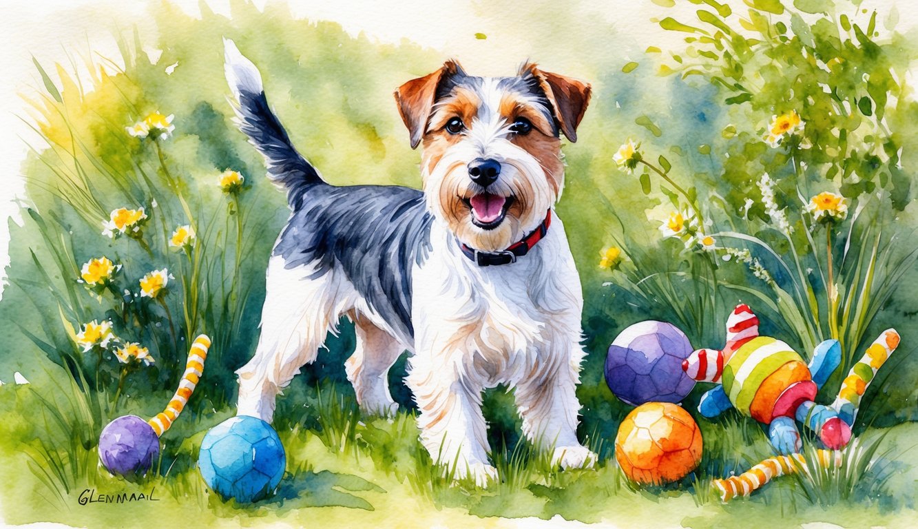 A lively Glen Imaal Terrier surrounded by nature and playful toys
