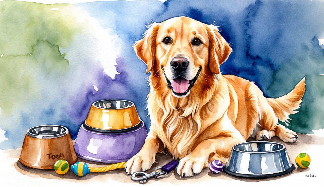 A Golden Retriever surrounded by a variety of objects, such as a dog bowl, leash, and toys, with a happy expression on its face