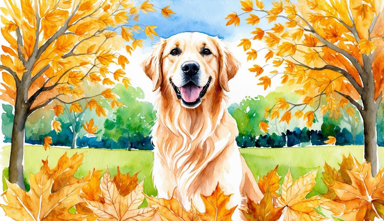 A happy Golden Retriever surrounded by golden leaves in a sunny park