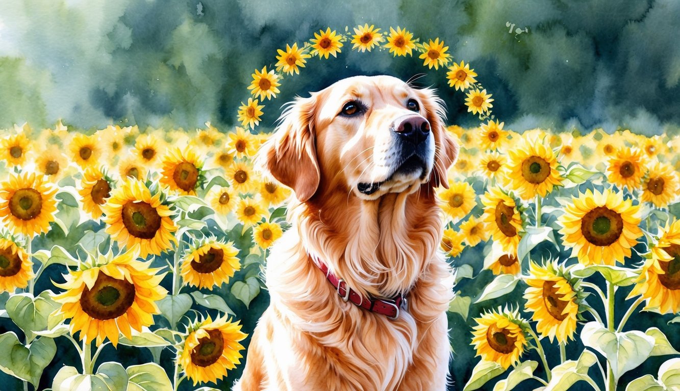 A golden retriever sits in a field of sunflowers, her fur glowing in the sunlight. She looks up with a gentle expression, surrounded by a halo of golden petals