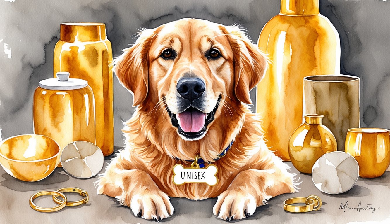 A happy Golden Retriever surrounded by a mix of golden and neutral-colored objects, with a name tag or collar featuring unisex names