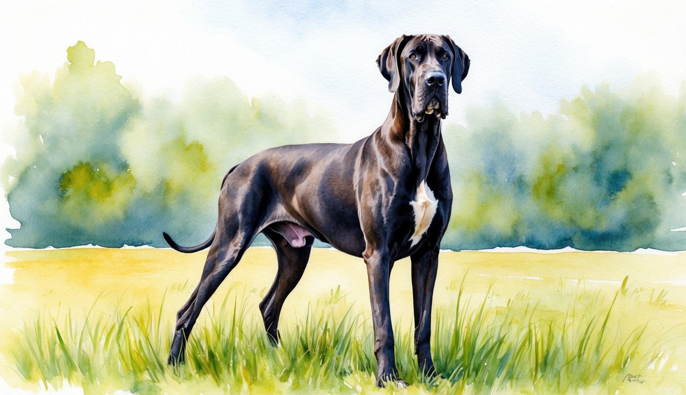 A regal Great Dane stands proudly in a grassy field, its powerful frame and gentle expression capturing the essence of its majestic breed