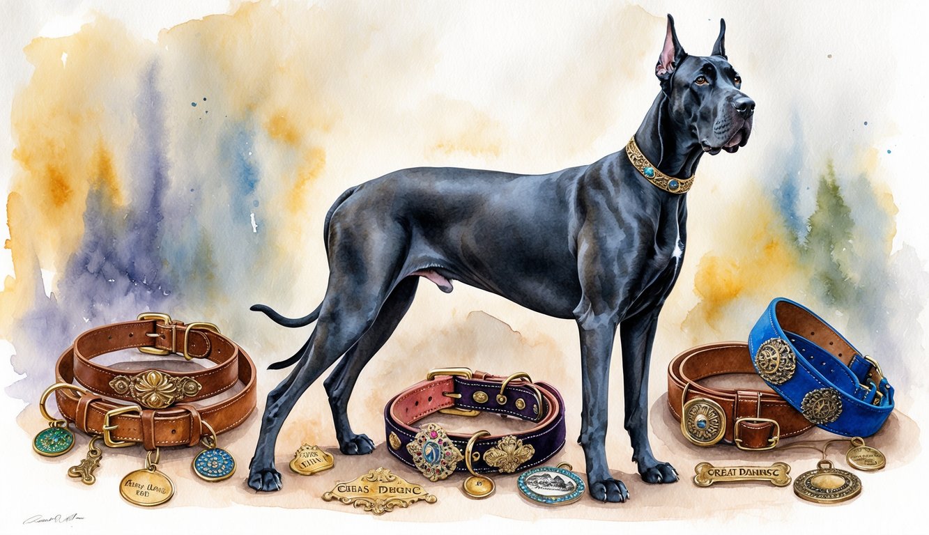 A majestic Great Dane stands proudly with a regal expression, surrounded by a collection of ornate name tags and collars