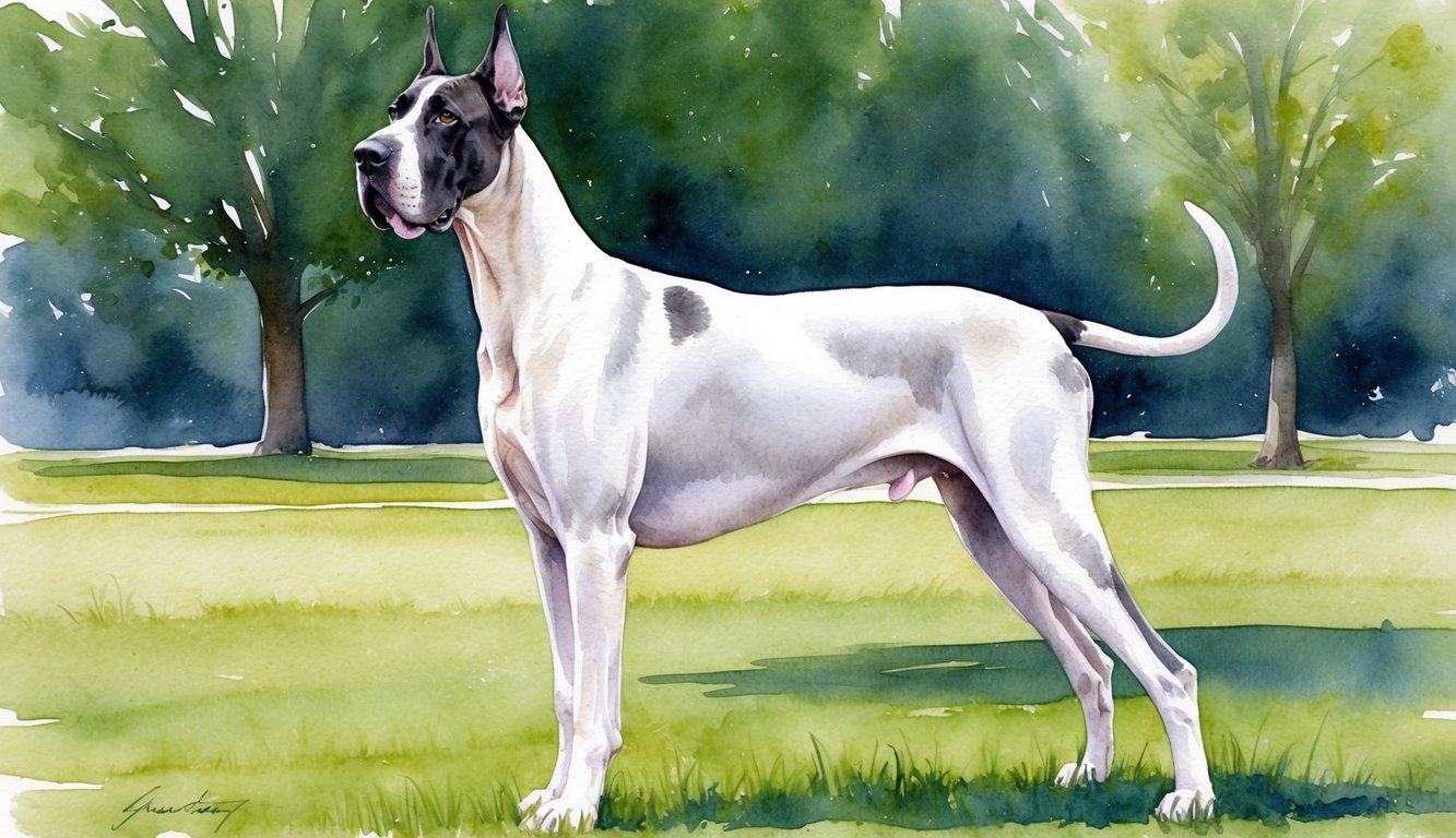 A regal Great Dane stands proudly in a park, with ears perked and tail wagging